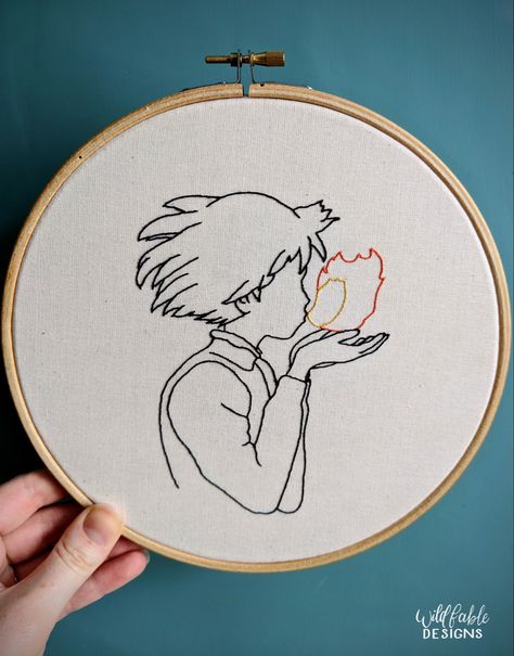 Howls Moving Castle Designs, Howls Moving Castle Embroidery Pattern, Howl's Moving Castle Embroidery, Howls Moving Castle Line Art, Atla Embroidery, Studio Ghibli Embroidery Patterns, Howls Moving Castle Embroidery, Fine Line Embroidery, Studio Ghibli Embroidery