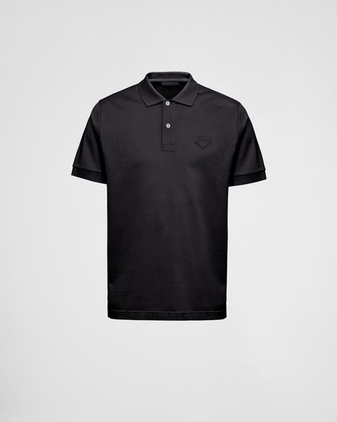 Black Piqué polo shirt | PRADA Prada Tshirt, Mens Travel Bag, Denim T Shirt, Slim Fit Polo, Jogging Suit, Triangle Logo, Pique Polo Shirt, Knit Sleeve, Slim Fit Shorts