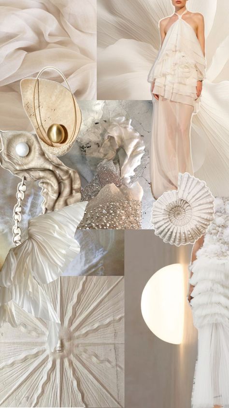 Fashion concept collage - pearls, soft aesthetic, beach shells, flowy shapes, neutral color pallet, mood board, creative inspiration Pearls Mood Board, Ivory Mood Board, Fashion Collection Moodboard Inspiration, Shell Fashion Design, Shell Inspired Fashion, Fashion Designer Mood Board, Shell Moodboard, Moodboard Fashion Design Mood Boards, Pearl Mood Board