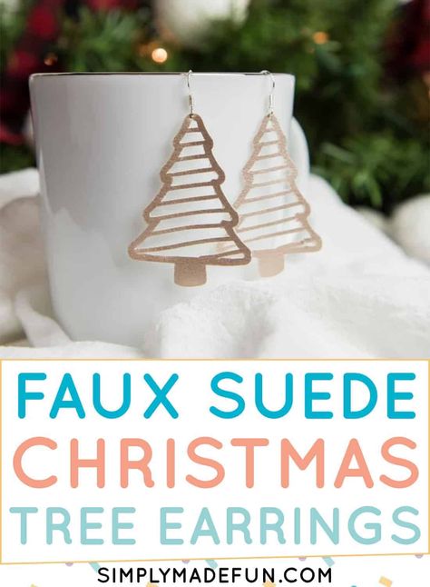 Easily cut faux suede material with your Silhouette Cameo machine to make these Christmas tree earrings! Learn what cut settings work best on faux leather and how to get your Silhouette blade to cut through the material the first time. Then download the free SVG template to make your own! This is an easy DIY tutorial and is the perfect how to craft for beginners. | simplymadefun.com #fauxleatherearrings #fauxleather #diyearrings #diyjewelry Silhouette Cameo Earrings, Earrings Cricut, Craft For Beginners, Cameo Crafts, Suede Jewelry, Christmas Crafts For Kids To Make, Silhouette Tutorials, Silhouette Cameo Machine, How To Craft