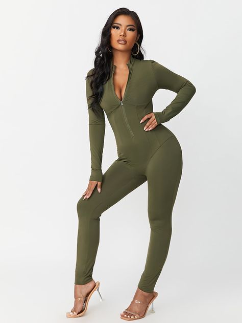 Zip Up Bodysuit, Power Puff, Full Body Suit, Puff Girl, Green Long Sleeve, Body Suit, Catsuit, Half Zip, Fashion Online Shop