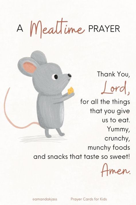 Thank you, Lord, for all the things that you give us to eat. Yummy, crunchy, munchy, foods and snacks that taste so sweet! Amen. We can always talk to God through prayer, and this mealtime prayer is a great way to be grateful for the foods He provides for us to eat! Click to learn more about these Prayer Cards for Kids! Toddler Prayers, Lunch Prayer, Prayer For Kids, Prayers Before Meals, Mealtime Prayers, Food Prayer, Dinner Prayer, Kids Prayer, Kids Food Crafts