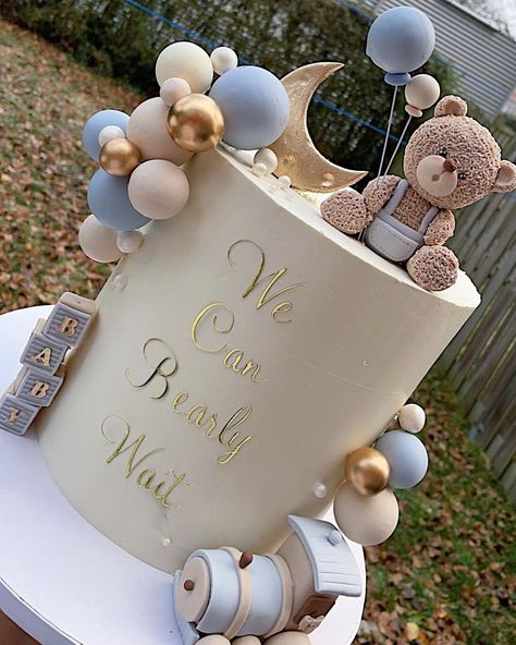 We can bearly wait! Handmade caketoppers! 💙🤍… | Instagram Bear Cake Gender Reveal, Babyshower Teddy Bear Boy, Bearly Wait Cake Ideas, We Can Bearly Wait Desserts, Baby Shower Cake Bear Theme, Boho Bear Cake, We Can Bearly Wait Cake Ideas, Babyshowercakes Cake Designs, We Can Barely Wait Cake