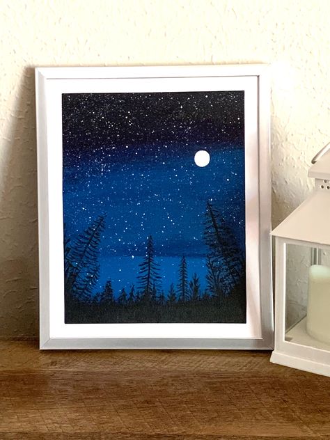 Lovely midnight blue starry sky with trees. 8 x 10 Acrylic painting on Canvas Board, framed or unframed.  Great companion piece to Cabin in the woods. Sky With Trees, Night Sky With Stars, Blue Starry Sky, Sky With Stars, Blue Night Sky, Night Sky Art, Sky Art Painting, Starry Night Painting, Moonlight Painting