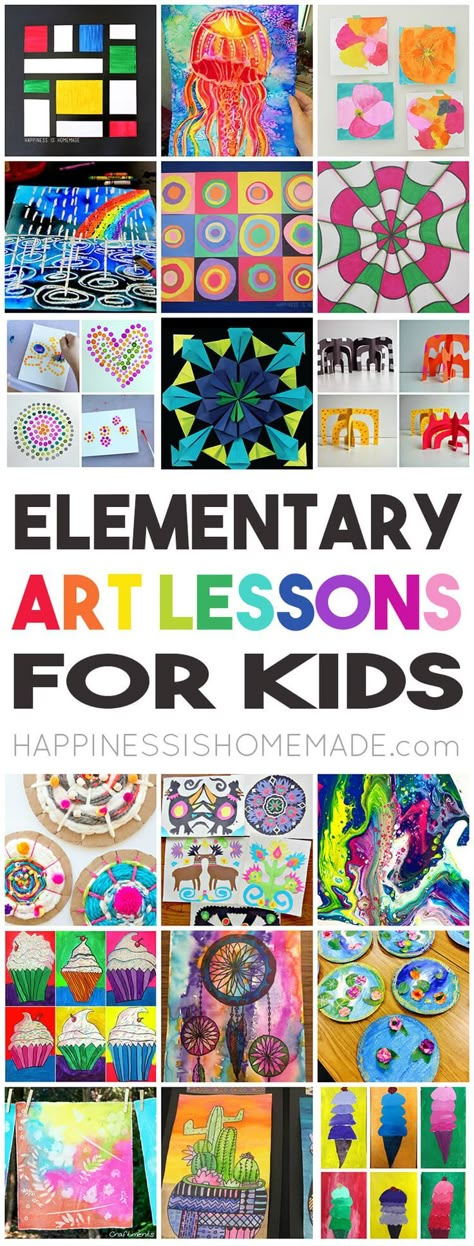 36 Elementary Art Lessons for Kids - one for every week of the school year! Perfect for homeschool families, teachers, scout leaders, and parents!  via @hiHomemadeBlog Elementary Art Lessons, Classe D'art, Fall Art Projects, Classroom Art Projects, Art Lessons For Kids, Art Curriculum, Elementary Art Projects, Homeschool Art, Kindergarten Art