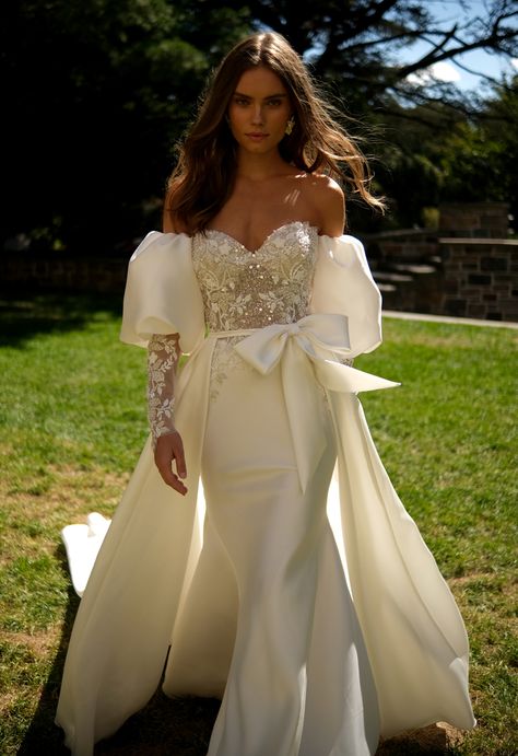 Style 1678 | Eve Of Milady Removable Puff Sleeves Wedding Dress, Wedding Dresses 80s, Gown With Detachable Train, Eve Of Milady Wedding Dresses, 2023 Wedding Dresses, Bridal Reflections, Eve Of Milady, Wedding Dress Bride, Satin Bridal Gowns