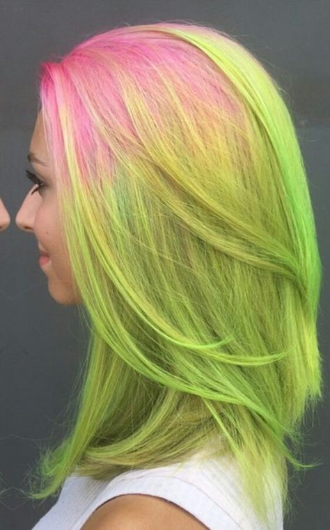 pink and green dyed hair color @kenziethehappyfairy Green Hair With Pink Highlights, Pink And Green Hair Dye, Green Dyed Hair, Pink And Green Hair, Watermelon Hair, Biolage Hair, Neon Green Hair, Hair Color For Brown Skin, Dyed Hair Pastel