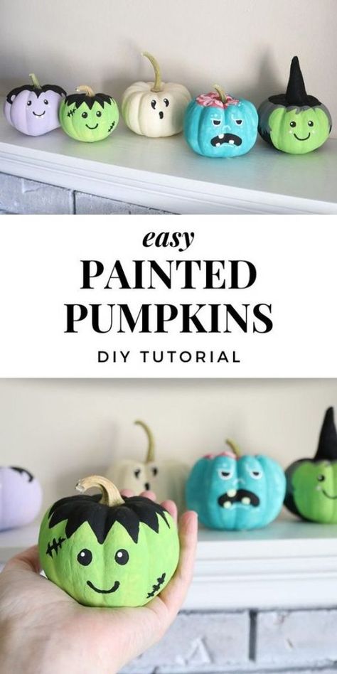 Easy Painting On Pumpkins, What Paint To Use On Pumpkins, Real Pumpkin Crafts, Paint Pumpkins Ideas Diy, Paint Fake Pumpkins, Monster Pumpkin Painting, Halloween Cute Decorations, Painting Ideas On Pumpkins, Cute Painted Pumpkins Ideas