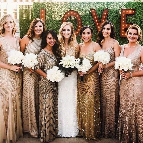 sequined cap-sleeve bridesmaid dresses / http://www.himisspuff.com/bridesmaid-dress-ideas/13/ Different Style Bridesmaid Dresses, Rose Gold Bridesmaid, Sequin Bridesmaid, Gold Bridesmaid Dresses, Gold Bridesmaids, Sequin Bridesmaid Dresses, Gatsby Wedding, Art Deco Wedding, Wedding Deco