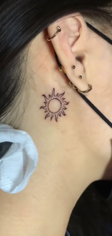 Sun Tattoo Behind The Ear, Sun Tattoos Behind The Ear, Half Sun Behind Ear Tattoo, Behind The Ear Tattoo Sun And Moon, Moon And Sun Ear Tattoo, Behind The Ear Sun Tattoo Ideas, Sun Behind The Ear Tattoo, Sun And Moon Behind Ear Tattoo, Sun Tatoos Behind The Ear