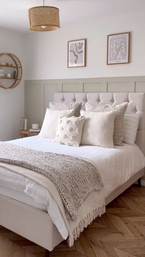 “I really do believe finding the right colour is so crucial for the overall look in a space, do you agree?” We love this bedroom… | Instagram Neutral Bedroom With Grey Bed, Beige Bedroom Panelling, Main Bedroom Colour Scheme, Cream Panelling Bedroom, Beige Panelling Bedroom, White Furniture Bedroom Colour Schemes, Green Panelling Bedroom, Grey And Neutral Bedroom, Grey And Cream Bedroom