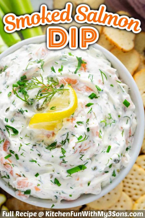 Smoked Salmon Dip is loaded with chunks of smoked salmon, capers, lemon juice, and fresh herbs for a creamy, savory dip that's bursting with flavor. Serve with crackers for an easy party appetizer. #diprecipes #partyappetizers Canned Salmon Dip Recipes, Salmon Capers, Salmon Dip Recipes, Cracker Dip, Creamy Salmon, Salmon Dip, Smoked Salmon Dip, Best Party Appetizers, Sides And Appetizers