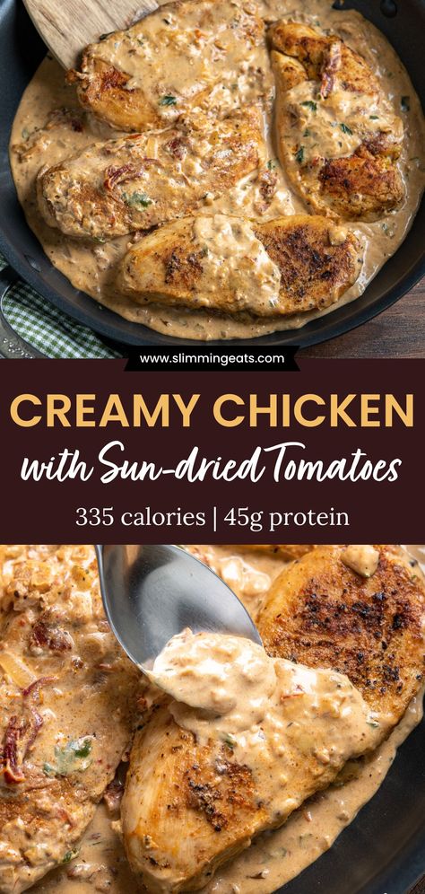 Chicken in Creamy Sun-dried Tomato Sauce - This mouthwatering dish features tender and juicy chicken breasts smothered in a rich and tangy sauce made with low-fat cream cheese and sun-dried tomatoes. 335 calories | 45g protein Chicken Cream Cheese Sun Dried Tomatoes, Sun Dried Tomato Chicken, Dinner 2023, Sundried Tomato Chicken, Sun Dried Tomato Sauce, Speed Foods, High Protein Low Calorie, Grilled Zucchini, Cream Cheese Chicken