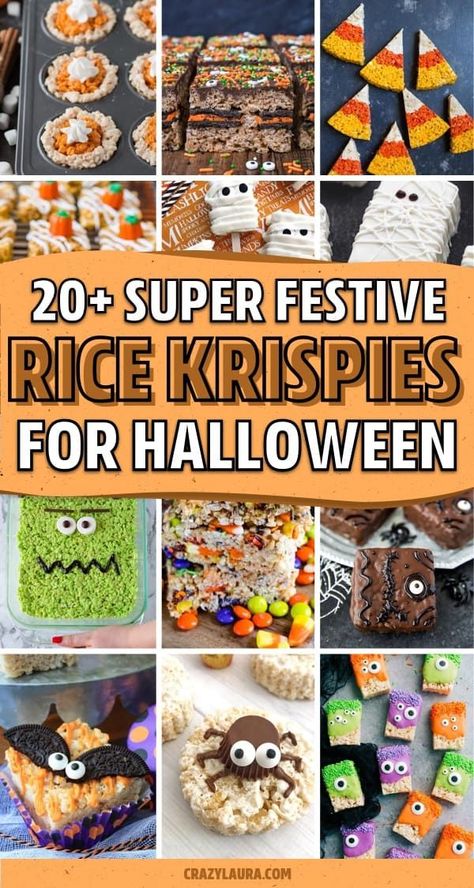 Need a quick and easy dessert recipe to make for your Halloween party!? Check out these super tasty Halloween rice krispie treat recipes for ideas to get started! #halloweentreats #halloweenrecipes #halloweendesserts #halloweenideas Halloween Themed Rice Crispy Treats, Halloween Desserts Rice Krispies, Rice Crispies Halloween, Rice Krispie Treat Halloween Ideas, Halloween Food Ideas Rice Krispies, Cute Halloween Rice Krispy Treats, Rice Krispies Halloween Treats, Halloween Treats With Rice Krispies, Rice Crispy Halloween Ideas