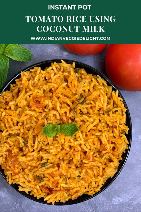 Instant Pot Tomato Rice|Tomato Rice using Coconut Milk is a Tamilnadu style tomato rice made with tomatoes ,fresh coconut milk and few spices.This tomato rice can be made in an instant pot ,stove top pressure cooker or pot. Tomato Rice Recipe, Indian Rice Recipes, Tomato Rice, Indian Rice, Fresh Coconut, Veggie Delight, Chicken Fried, Indian Snack Recipes, Lunch Box Recipes