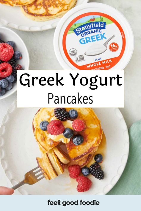 Greek yogurt pancakes are the ultimate breakfast! This easy yogurt pancakes recipe offers a delicious twist on the classic favorite, infused with the goodness of creamy Greek yogurt for a delightful tangy-sweet flavor. Energize your day with this high-protein pancake recipe. Serve them hot with pure maple syrup, creamy nut butter, or fresh berries for the best Greek yogurt pancake breakfast. Perfect for brunches, gatherings, or a treat. #sponsored #Stonyfield #StonyfieldOrganic #organic Best Greek Yogurt, High Protein Pancakes, Greek Yogurt Pancakes, Yogurt Pancakes, Ultimate Breakfast, Protein Pancakes, Cinnamon Rolls Homemade, Breakfast Pancakes, Fresh Berries