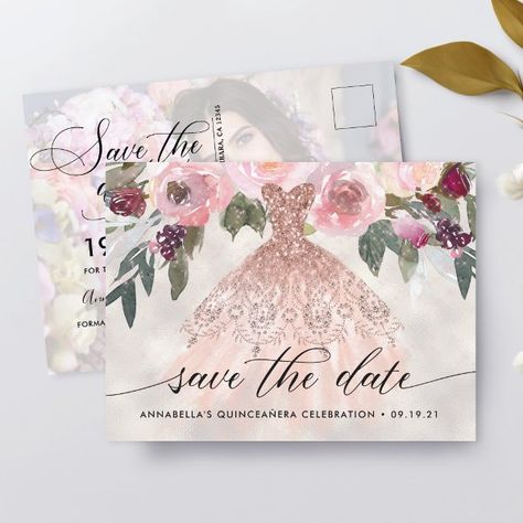 Trendy Floral Photo Quinceañera Save The Date Postcard Quinceanera Save The Date, Birthday Save The Date, Rose Gold Gown, Postcards Design, Save The Date Modern, Pearl Background, Gown Floral, Save The Date Postcard, Gold Gown