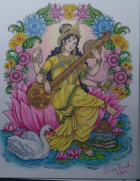 Saraswati Drawing Art, Ma Saraswati Drawing, Lord Saraswati Drawing, Sarswati Maa Drawings, Saraswati Devi Painting On Canvas, Sarswati Maa Paintings, South Indian Drawing, Mata Saraswati Painting, Saraswati Goddess Drawing