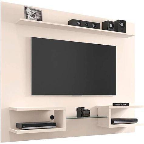 PRICES MAY VARY. Enjoy that Lasting Elegant Look with the Plaza 64. 25 Entertainment Center by Manhattan Comfort, Featuring a Gorgeous Floating Design with a Mid-Century Modern Look in an Eye-catching Off White Finish. Measures 64. 25" L in. x 11. 65" W in. x 53. 54" H in. and Weighs 90. 28 lbs. Home Assembly Required. Crafted from Durable Medium-Density Particle Board. Floating Media Theater Design with Glass Center Shelf and a Overhead Floating Shelf. Fits Up to 50-Inch TVs. Beautiful Minimali Wall Mounted Media Console, Wall Mount Tv Stand, Wall Entertainment Center, White Entertainment Center, Floating Entertainment Center, Beautiful Home Gardens, Home Movie, Shelf Dividers, Media Furniture