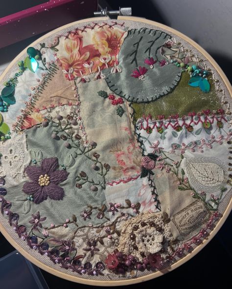 Victorian #crazyquilting on a #hoop #stitching #slowstitching #blingembroidery Victorian Crazy Quilts, Victorian Patchwork, Victorian Quilts, Slow Stitching, Crazy Quilts, Quilting, Stitching, Embroidery, Sewing