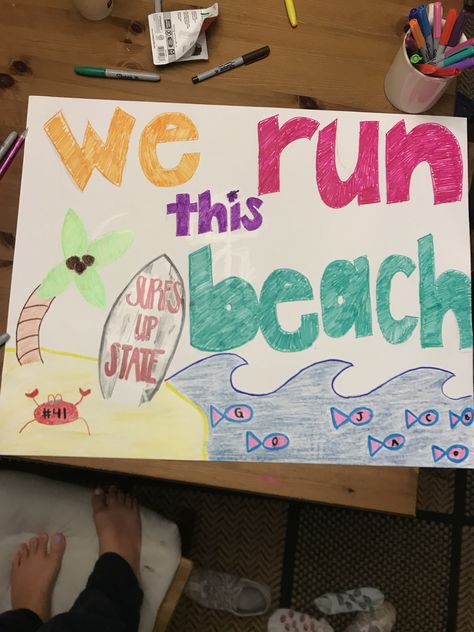 We Run This Beach Football Poster, Beach Football Posters, Beach Themed Football Posters, Western Football Posters, Homecoming Week Themes Days, Pep Rally Poster Ideas, Quince List, Fnl Signs, Student Section Signs