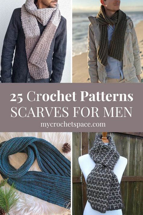 25 Crochet Men's Scarf Patterns - My Crochet Space Mens Scarf Crochet Pattern Free, Lightweight Crochet Scarf, Men Scarf Crochet Pattern, Hooded Cowl Crochet Pattern, Men Scarf Pattern, Mens Crochet Beanie, Crochet Space, Crochet Scarf Patterns, Crochet Mens Scarf