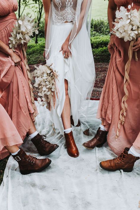 Boots With Bridesmaid Dress, Fall Wedding Shoes Bridesmaid, Wedding Shoes Outdoor Brides, Boho Wedding Boots, Mountain Wedding Shoes, Forest Wedding Shoes, Bridesmaid Dress With Boots, Boots For Bridesmaids, Outdoor Wedding Shoes For Bride