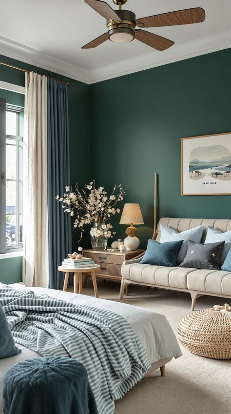 Dark Green Bedroom Dark Green Bedroom Ideas, Dark Green Bedroom, Green Bedroom Ideas, Hidden Forest, Inspired Bedroom, Serene Bedroom, Green Bedroom, Coastal Charm, Sea Inspired