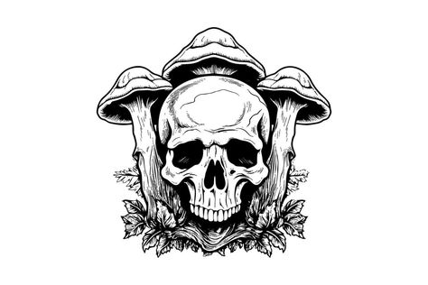 Human skull with mushrooms in woodcut style. Vector engraving sketch illustration for tattoo and print design. Woodcut Mushroom, Skull With Mushrooms, Sketch Illustration, Human Skull, Vector Art, Art Mural, Vector Free, Oeuvre D'art, Stuffed Mushrooms