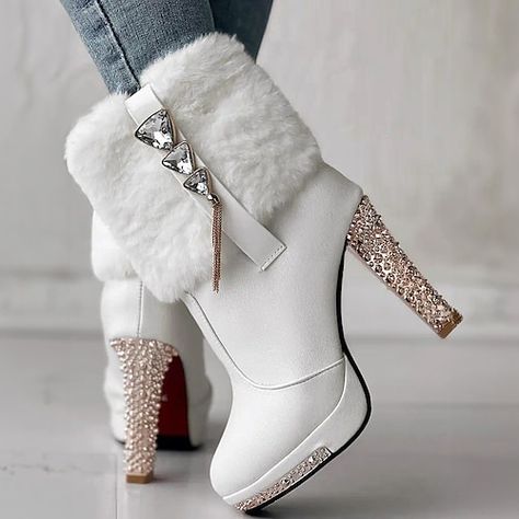 Women Heel Boots, Fuzzy Boots, White Ankle Boots, Boot Bling, Sparkle Shoes, Elegant High Heels, Embellished Heels, Bling Shoes, Winter Ankle Boots