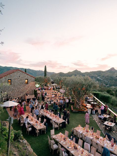 Al fresco dining for this summer wedding reception in Malibu, CA Al Fresco Dining Wedding, Garden Party Reception Ideas, Cielo Farms Malibu, Al Fresco Wedding Receptions, Cielo Farms Wedding, Outdoor Wedding Layout, Elope Courthouse, Wedding Reception Aesthetic, Montecito Wedding