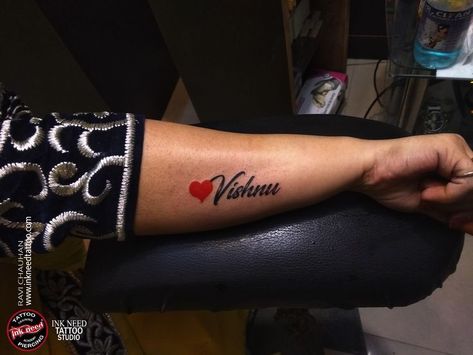 Vishnu With Red heart Tattoo By Ravi Chauhan , Script Tattoo , name tattoo , colorful tattoo , forearm tattoo , hand tattoo . Vishnu Name Tattoo Design, Sv Tattoo Design, V Letter Images, Red Heart Tattoo, Tom And Jerry Photos, Tattoo Colorful, Name Tattoo Ideas, Sai Pallavi Hd Images