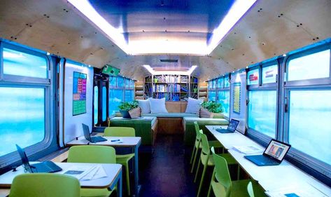 Mobile Classroom, Converted School Bus, Converted Bus, Mobile Coffee Shop, Tutoring Business, Mobile Library, Bus Interior, School Bus Conversion, Nature School