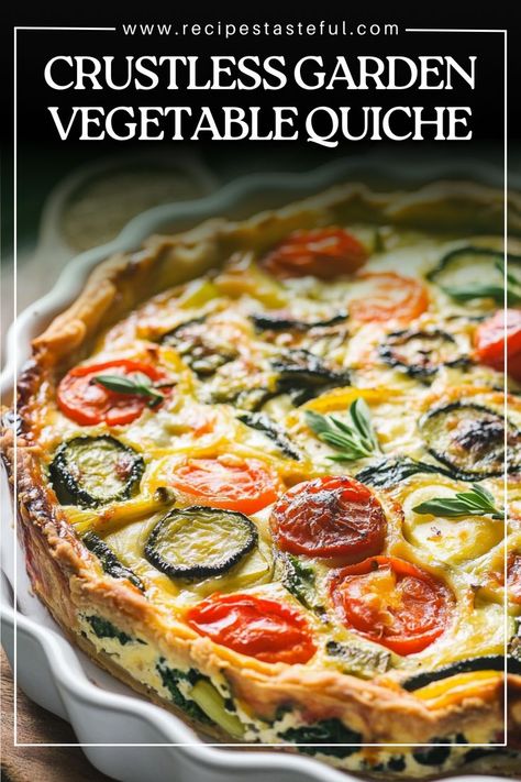 This vibrant Crustless Garden Vegetable Quiche is a healthy and satisfying dish that's both gluten-free and dairy-free. Packed with fresh zucchini, spinach, and tomatoes, it’s a light yet filling quiche that’s perfect for breakfast, brunch, or a simple weeknight dinner. With a rich, egg-based custard and aromatic basil, this quiche is a flavorful, nutritious choice for anyone seeking a wholesome, plant-forward meal. Breakfast Quiche Vegetarian, Tomato Quiche Crustless, No Cheese Quiche Recipes, Vegetarian Gluten And Dairy Free Recipes, Breakfast Quiche Dairy Free, Recipe For Quiche Simple, Crustless Garden Vegetable Quiche, Broccoli Feta Quiche, Spinach Crustless Quiche Recipes