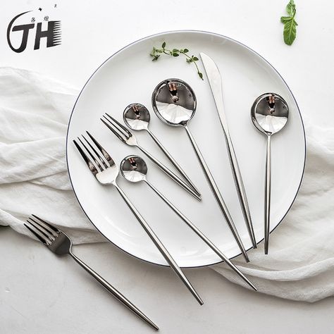 Net Red Portuguese Mirror Knife And Fork Spoon Dessert Knife And Fork Spoon Coffee Spoon Fruit Fork Stirring Spoon Household Com - Dinnerware Sets - AliExpress Cheap Dinnerware Sets, Spoon Mirror, Kitchen Essentials List, Fork Spoon Knife, Kitchen Decor Collections, Spoon Knife, Dessert Fork, Knife And Fork, Stainless Steel Cutlery