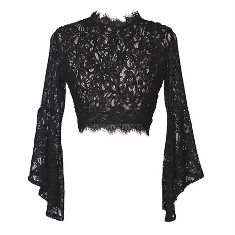 Gothic Wiccan Lace Sheer Flare Sleeves Crop Top #croptees #bralets #croptopoutfits #croptops #croptee #croptopoutfitssummer #croptop #croptopswomen Crop Top Outfits Summer, Stylish Crop Top, Crop Top Outfits, Button Art, Desi Fashion, Grunge Style, Ladies Dress Design, Cropped Top, Gothic Fashion