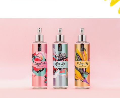 Wild in the Heart Body Mists on Behance Splash Packaging Design, Body Splash Packaging Design, Mist Packaging, Body Butter Labels, Creative Product Photography, Skincare Products Photography, Packaging Label Design, Body Splash, Illustration Product