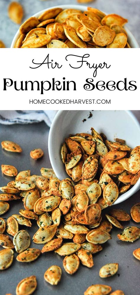 Air Fryer Pumpkin Seeds, Seasoned Pumpkin Seeds, Pumpkin Seed Recipes Roasted, Air Fryer Pumpkin, Cooking Pumpkin Seeds, Pumpkin Seed Recipes, Halloween Snack, Roasted Pumpkin, Roasted Pumpkin Seeds