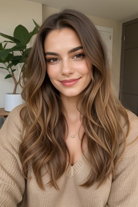 Embrace fall with bronde balayage! Discover the warm, natural tones that are trending this season #fallhaircolor #brondebalayage #autumnhair #fallhairtrends #brondehair #fallbalayage #hairinspo #brondehighlights #sunkissedhair #fallhairideas Honey Brown Hair One Color, Women’s Light Brown Hair, Hair Color For Honey Eyes, Perfect Length Hair, Natural Honey Brown Hair, Best Hair Colors For Brown Eyes, Light Brown Caramel Hair, Honey Balayage On Brown Hair, Warm Medium Brown Hair