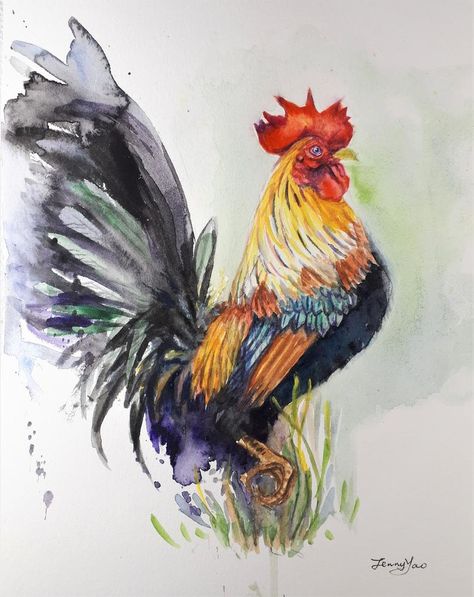 Rooster Painting, Bird Watercolor Paintings, Chicken Painting, Rooster Art, Chicken Art, 수채화 그림, Watercolor On Paper, Watercolor Inspiration, Watercolor Bird