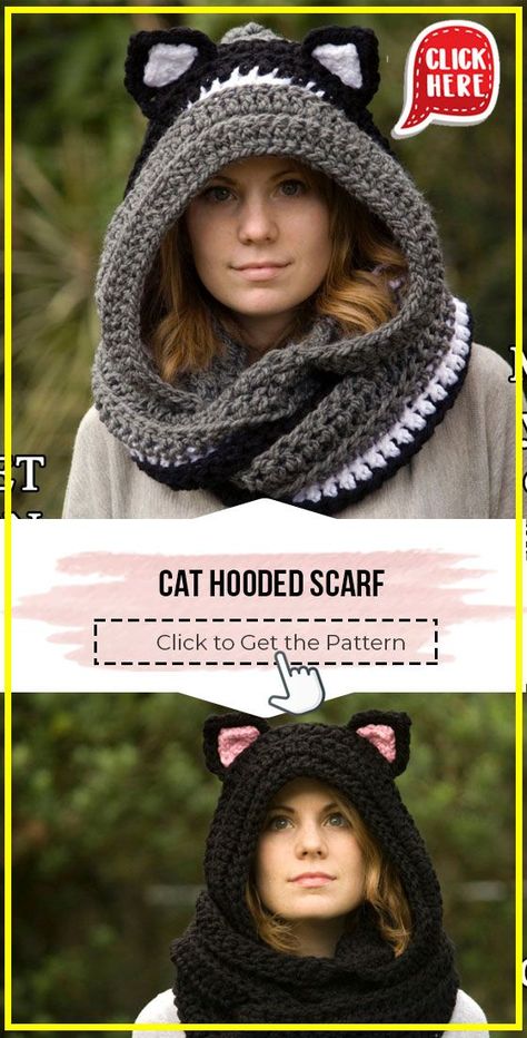 Crochet Hooded Scarf Pattern, Crochet Hooded Cowl, Kat Haken, Hooded Scarf Pattern, Crochet Cat Hat, Crochet Hooded Scarf, Crochet Hood, Cap Patterns, Crochet Cap