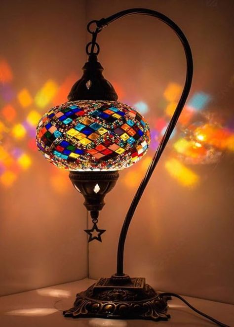 Comes with UK Plug for UK & EU Plug for EU. Turkish Moroccan Mosaic Swan Neck Table Lamp. 100% Handmade in Turkey. Height : 40 cm Shade Diameter : 16cm. Antique Brass Color Metal Body. On/Off Switch. Requires E14 Candelebra/Chandelier LED Bulb. (Not Included) Change the Atmosphere of Your Place & Mesmerize Yourself and Your Guests with This Handmade Conversation Piece. A Great Unique Gift, too. Bedside Lights Lamps, Handmade Desks, Stained Glass Lamp, Turkish Mosaic Lamp, Tiffany Lamp, Turkish Lamps, Moroccan Lamp, Mosaic Lamp, Swan Neck