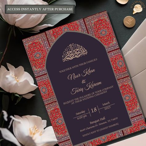 5x7 in. Persian rug inspired Islamic Wedding Invitation, Traditional Islamic Wedding Invitation, editable template, digital download!! Head over to Etsy to purchase! @FullahPrints Wedding Evite, Print Invitation, Wedding Evites, Rug Print, Henna Party, Islamic Wedding, Luxury Card, Etsy Wedding Invitations, Wedding Card Design