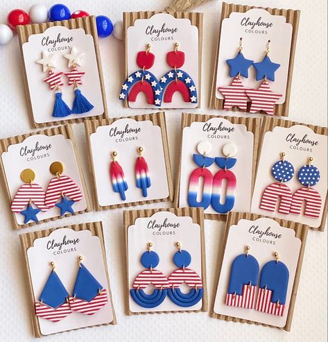 Polymer Clay Recipe, Polymer Clay Embroidery, Patriotic Earrings, Diy Earrings Polymer Clay, Blue Clay, Polymer Clay Jewelry Tutorials, Handmade Clay Jewelry, Polymer Earrings, Polymer Clay Diy