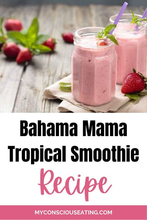 Bahama Mama Tropical Smoothie Recipe Tropical Smoothie Bahama Mama Recipe, Frozen Smoothies, Tropical Smoothie Recipes, Light Drinks, Pineapple Strawberry, Mama Recipe, Creamy Smoothies, Ice Milk, Bahama Mama