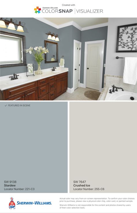 Half Bathroom Wall Colors, Paint Colors That Go With Gray Furniture, Gray Blue Bathroom Walls, Sherwin Williams Bathroom Vanity Colors, Large Bathroom Color Ideas, Blue Gray Interior House Colors, Modern Farmhouse Bathroom Paint Colors, Gray Vanity Bathroom Paint Colors Master Bath, Spa Bathroom Color Schemes