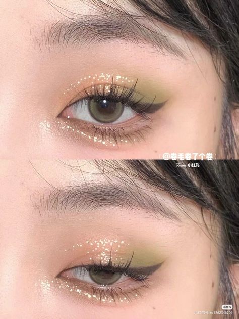 Korean Green Makeup Look, Green Eye Makeup Asian, Eyeshadow For Green Outfit, Fairy Makeup For Hooded Eyes, Green Eyeshadow Douyin, Cottagecore Eye Makeup, Nct Concert Makeup, Enchanted Garden Makeup Looks, Green Makeup Hooded Eyes