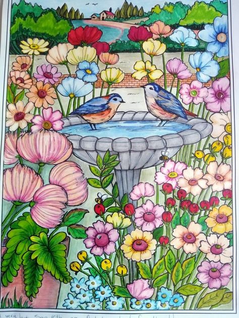 Teresa Goodridge Country Gardens, Book Drawings, Teresa Goodridge, Bird Fountain, Creative Haven Coloring Books, Garden Poster, Gardens Coloring Book, Kerala Mural Painting, Country Gardens