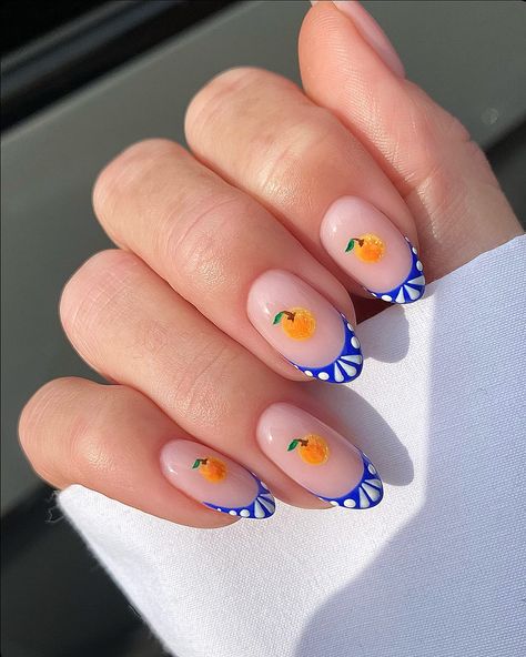 Bright Blue French Tip Nails, Nails For All Seasons, Newest Nail Trends, Greek Nails Designs, Greek Nails, Pretty Fruit, Accent Nail Art, Gold Accent Nail, Biab Nails