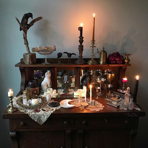 “Arranging & Whatnot” ☾ I have a window to the left of this beautiful antique oak sideboard. It gives me the perfect lighting and this is… Antique Oak Sideboard, Altar Inspiration, Sacred Space Altar, Witchcraft Altar, Witch Room, Wiccan Decor, Witch Cottage, Witches Altar, Wiccan Altar